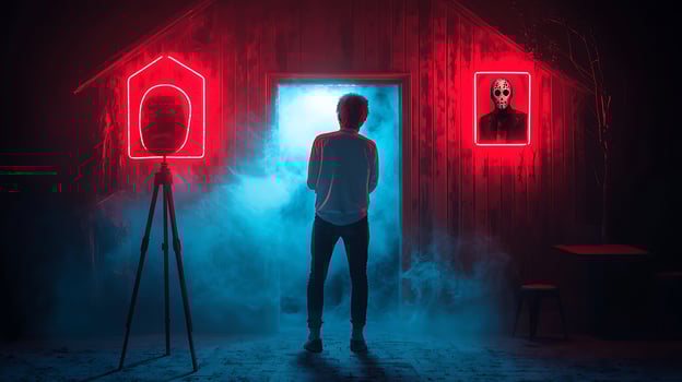 Mysterious Encounter at a Neon-Lit Cabin with Fog and Eerie Portraits in the Background photo
