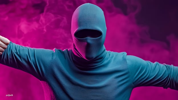 Mysterious figure in a hooded outfit poses dramatically amidst vibrant purple smoke photo