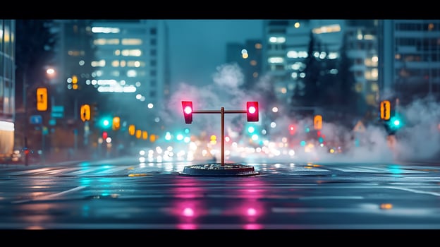 Nighttime city street with traffic lights, steam rising, and blurred cars in the background photo