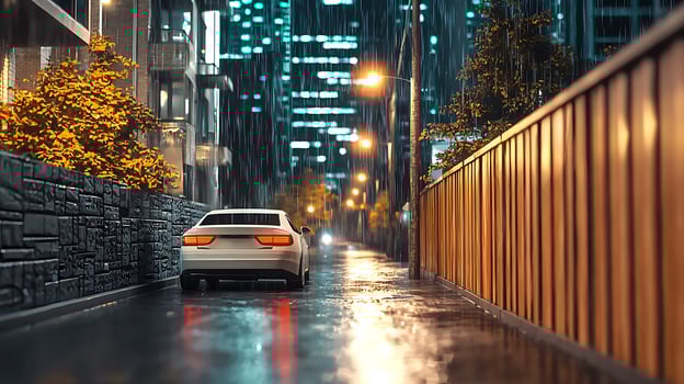 Nighttime city street scene with a car parked under rain, illuminated buildings in the background photo