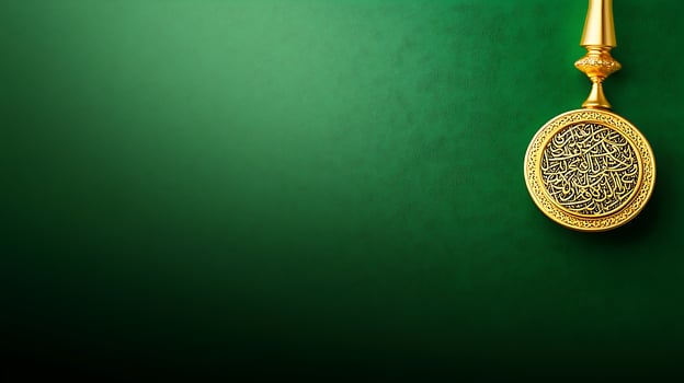 Ornate golden pendant with intricate calligraphy on a rich green background, symbolizing culture photo