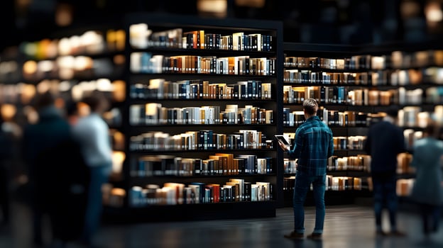 People browsing bookshelves in a modern library with warm lighting and a busy atmosphere photo
