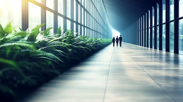 People walking through a modern corridor with greenery, sunlight filtering through large windows photo