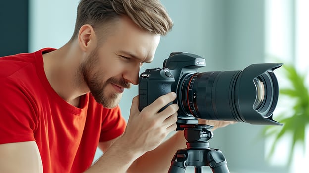 Photographer capturing stunning images indoors with a camera on a tripod, green plants in background photo