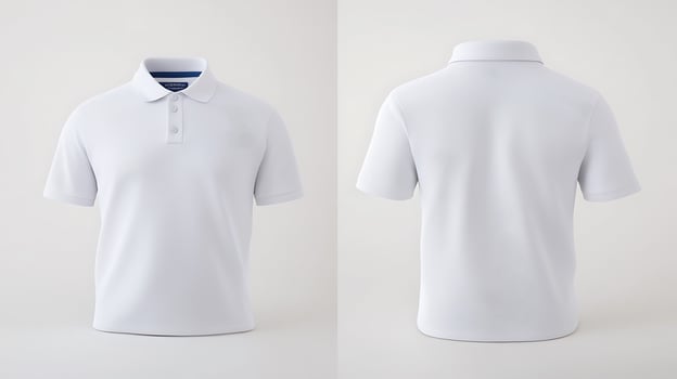 Plain white polo shirt displayed from front and back, showcasing design and fabric texture photo
