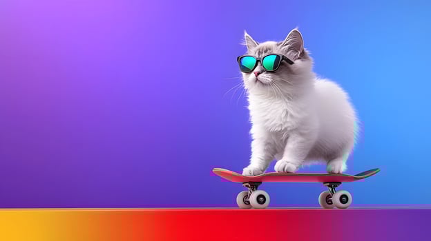 Playful cat on a skateboard wearing sunglasses, set against a vibrant gradient background photo