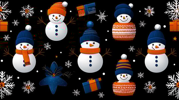 Playful snowmen in winter hats and scarves surrounded by snowflakes and gifts on a black background photo