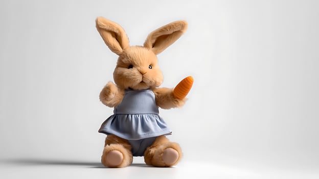 Plush rabbit toy holding a carrot, set against a minimalist white background, ideal for children's decor photo