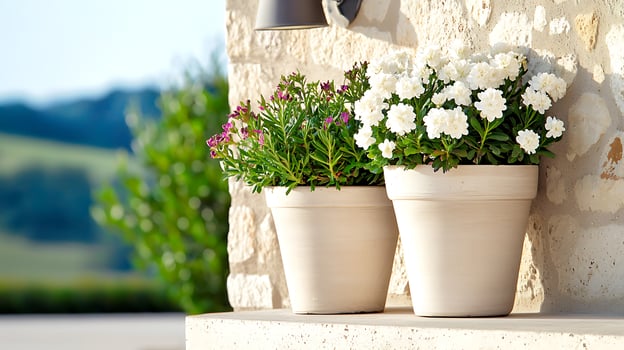 Potted flowers in white ceramic pots on a stone ledge with a lush green landscape in the background photo