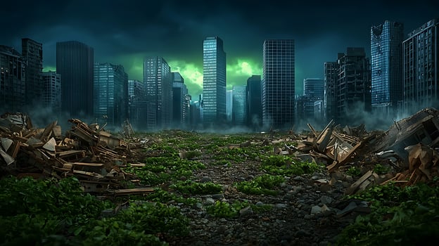Post-apocalyptic cityscape with overgrown vegetation, crumbling buildings, and eerie green sky photo