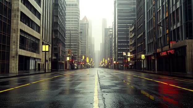 Rain-soaked urban street view showcasing modern skyscrapers and reflections in the wet pavement photo