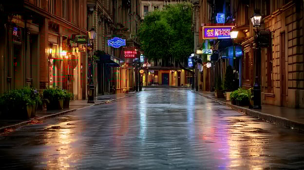 Rain-soaked empty street at night with colorful neon signs reflecting on the pavement photo