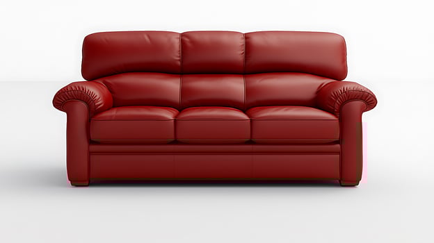 Red leather sofa with plush cushions, set against a minimalist white background, ideal for interior design photo