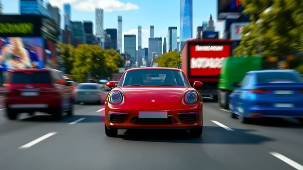 Red sports car driving through a busy city street with skyscrapers and vibrant advertisements photo