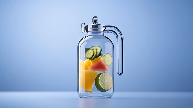 Refreshing glass jar filled with colorful fruits and vegetables against a soft blue background photo