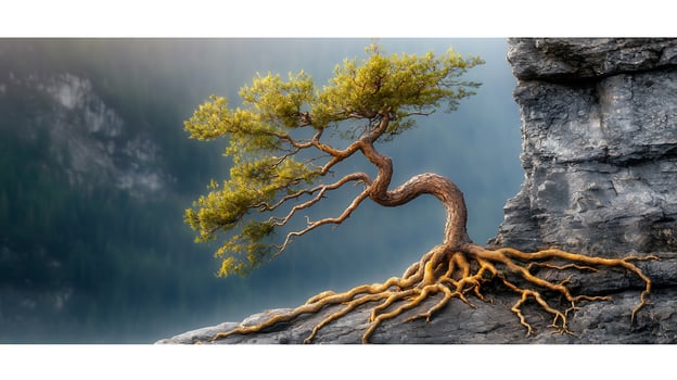 Resilient tree with twisting roots clinging to rocky cliff amidst misty mountain backdrop photo