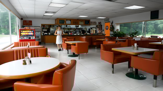 Retro diner interior with a waitress serving in a bright, inviting atmosphere, showcasing cozy seating photo