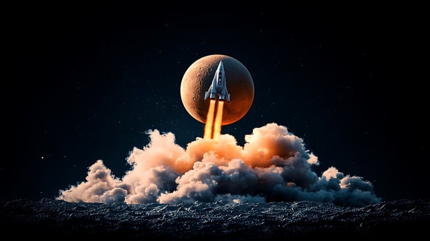 Rocket launching towards a distant planet amidst clouds and starry background photo