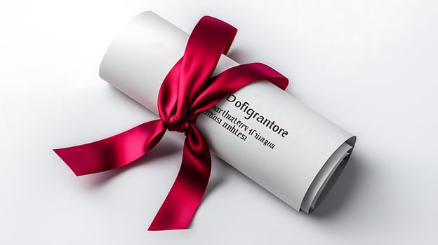 Rolled diploma tied with a red ribbon on a clean surface, symbolizing achievement and celebration photo
