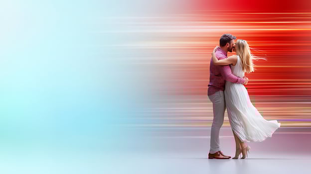 Romantic couple embracing in a colorful blurred background, symbolizing love and connection photo