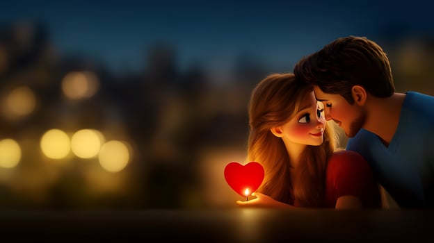 Romantic couple sharing a heartfelt moment at dusk with glowing city lights in the background photo