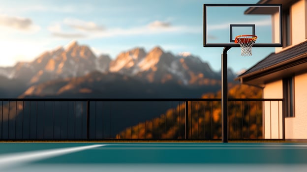 Scenic basketball court with mountain backdrop, showcasing a serene atmosphere for leisure photo