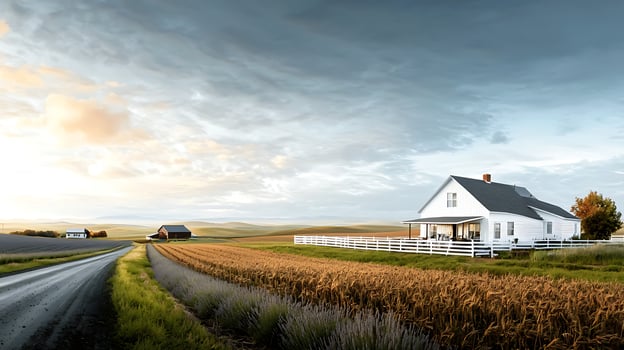 Scenic countryside landscape featuring a white farmhouse beside golden fields and a winding road photo