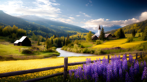 Scenic countryside view featuring vibrant flowers, a river, and a quaint church surrounded by mountains photo