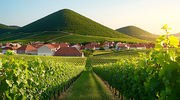 Scenic vineyard landscape with rolling hills, charming village, and lush grapevines at sunset photo