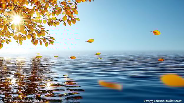 Serene autumn landscape with golden leaves floating on tranquil water under a clear blue sky photo