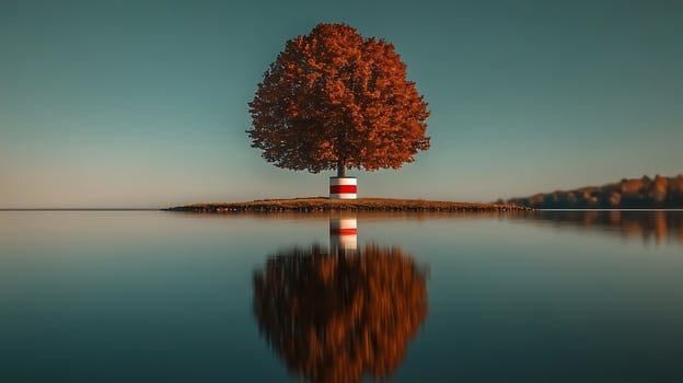 Serene autumn scene featuring a vibrant orange tree reflecting on calm water at sunset photo
