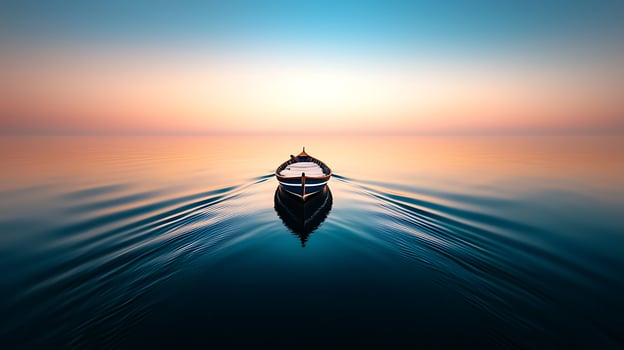 Serene boat gliding across calm waters at sunset, with vibrant colors reflecting in the sky photo