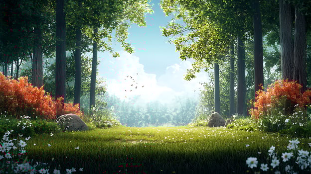 Serene forest path with vibrant flowers under a clear sky, inviting exploration and tranquility photo