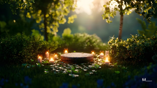 Serene forest glade with a stone altar surrounded by glowing candles and lush greenery photo