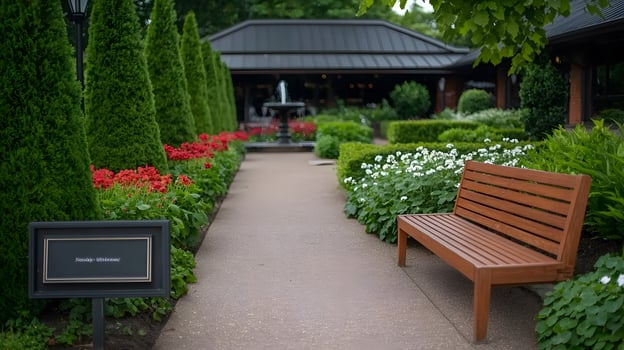 Serene garden pathway leading to a cozy restaurant with vibrant flowers and lush greenery photo