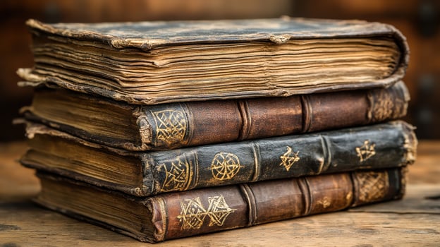 Antique books stacked on wooden table, library background, history research photo