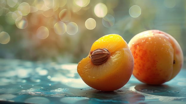 Two peaches on a blue table with a blurred background photo