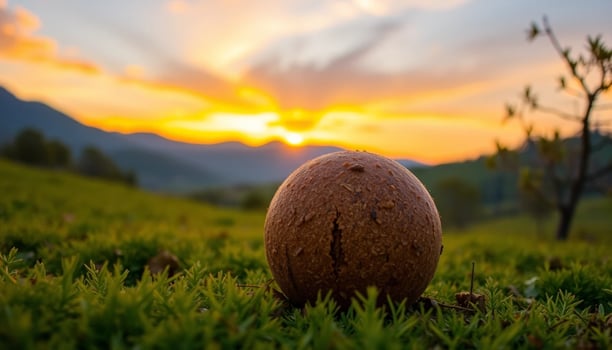 A coconut is sitting on the grass in front of a sunset photo