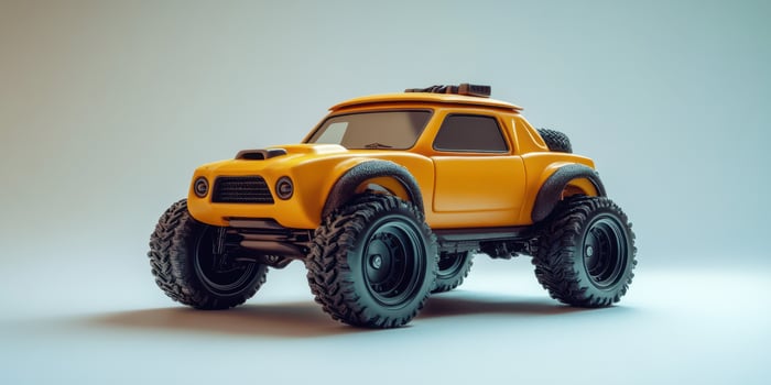 Bright orange remote-controlled car with oversized tires on a smooth surface during indoor playtime photo