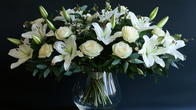 White lilies and roses bouquet in glass vase, dark background, sympathy flowers, funeral arrangement photo