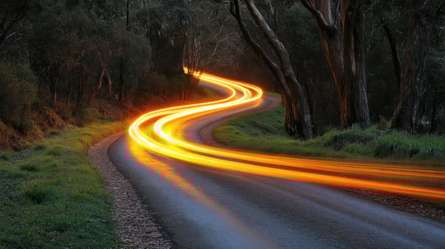 Winding road, car lights trail, forest, night, travel photo