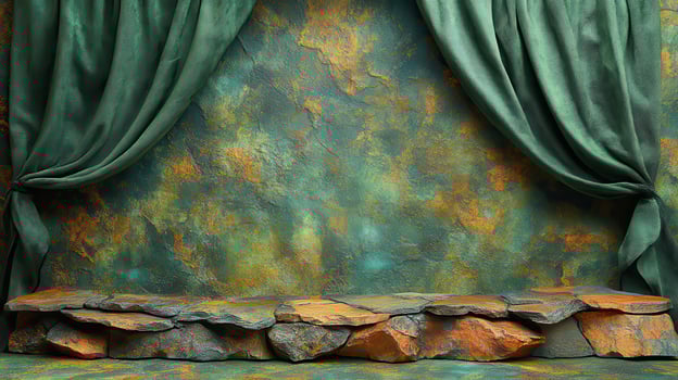 Rustic stone stage backdrop, green drapes, textured wall, product display photo