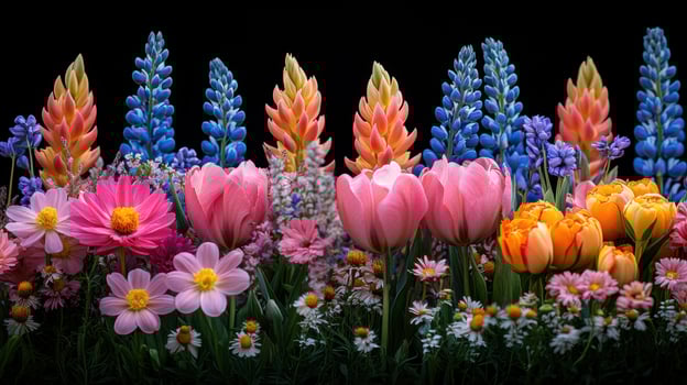 Vibrant spring flowers bloom against black background, ideal for greeting cards photo