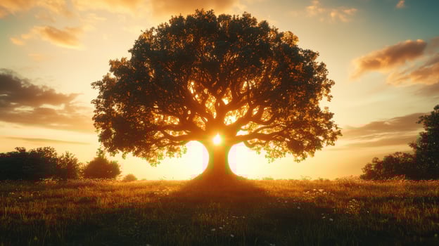 Majestic oak tree sunset silhouette, field, peaceful photo