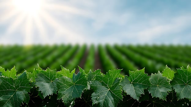 Lush vineyard landscape under a bright sun with rows of grapevines stretching into the distance photo