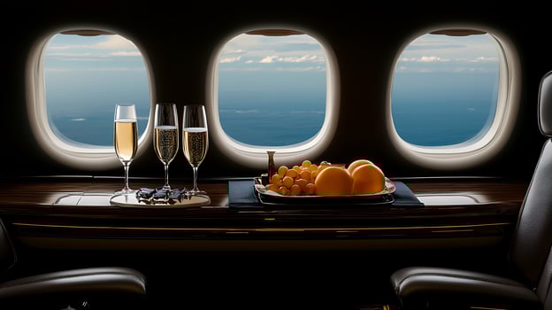 Luxurious in-flight scene featuring champagne and fresh fruits beside airplane windows with ocean view photo