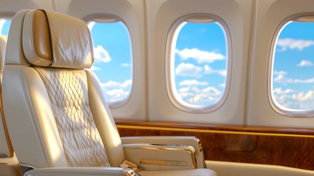 Luxurious airplane interior with spacious leather seat and scenic sky views through windows photo