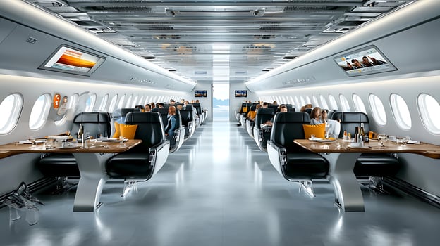 Luxurious airplane interior showcasing passengers dining comfortably with modern amenities photo