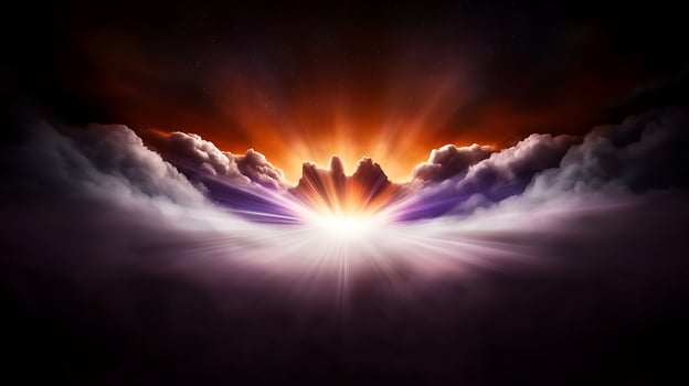 Majestic sunrise over mountains, casting vibrant rays through clouds, evoking tranquility photo