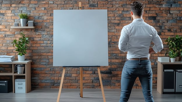 Man in white shirt standing before blank canvas in modern office with brick wall decor photo